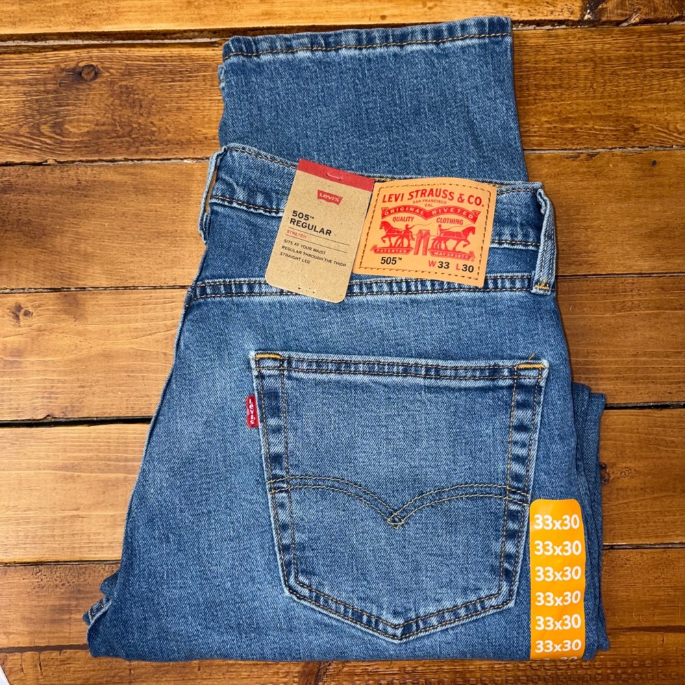 Levi's 505 Regular Fit Jeans Mens 33x30 Blue Stretch Straight Leg Workwear NEW
